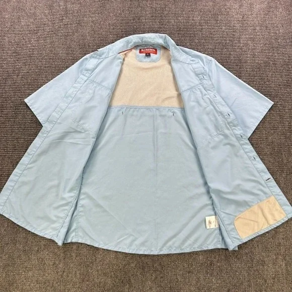 Simms Fishing Products Light Blue Short Sleeve Button Up Shirt Men Large Outdoor - Picture 7 of 15